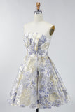 Dusty Blue Jacquard A Line Strapless Corset Short Homecoming Dress