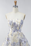Dusty Blue Jacquard A Line Strapless Corset Short Homecoming Dress