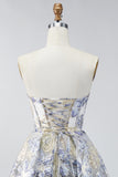 Dusty Blue Jacquard A Line Strapless Corset Short Homecoming Dress