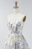 Dusty Blue Jacquard A Line Strapless Corset Short Homecoming Dress