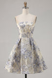 Dusty Blue Jacquard A Line Strapless Corset Short Homecoming Dress