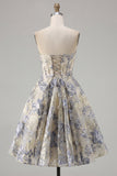 Dusty Blue Jacquard A Line Strapless Corset Short Homecoming Dress