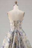 Dusty Blue Jacquard A Line Strapless Corset Short Homecoming Dress