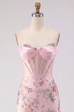 Floral Pink Sequin Corset Bodycon Strapless Homecoming Dress