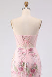 Floral Pink Sequin Corset Bodycon Strapless Homecoming Dress