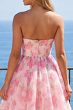 Strapless Corset A Line Floral Print Pink Homecoming Dress