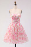 Strapless Corset A Line Floral Print Pink Homecoming Dress