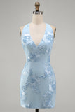 Light Blue Halter Bodycon Floral Short Homecoming Dress