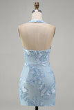 Light Blue Halter Bodycon Floral Short Homecoming Dress