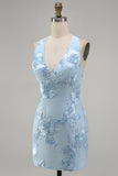Light Blue Halter Bodycon Floral Short Homecoming Dress