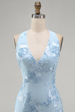 Light Blue Halter Bodycon Floral Short Homecoming Dress