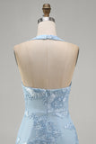 Light Blue Halter Bodycon Floral Short Homecoming Dress