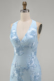 Light Blue Halter Bodycon Floral Short Homecoming Dress