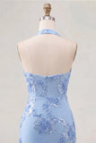 Light Blue Halter Bodycon Floral Short Homecoming Dress