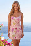 Pink Spaghetti Straps Floral Sequin Homecoming Dress