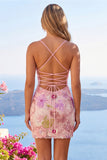 Pink Spaghetti Straps Floral Sequin Homecoming Dress