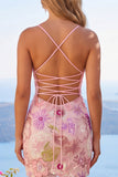 Pink Spaghetti Straps Floral Sequin Homecoming Dress