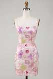 Pink Spaghetti Straps Floral Sequin Homecoming Dress