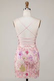 Pink Spaghetti Straps Floral Sequin Homecoming Dress