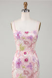 Pink Spaghetti Straps Floral Sequin Homecoming Dress