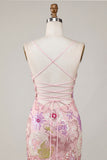 Pink Spaghetti Straps Floral Sequin Homecoming Dress