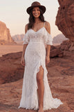 Ivory Lace Cold Shoulder Mermaid Ruffled Engagement Dress with Slit