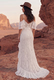 Ivory Lace Cold Shoulder Mermaid Ruffled Engagement Dress with Slit