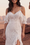 Ivory Lace Cold Shoulder Mermaid Ruffled Engagement Dress with Slit