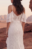 Ivory Lace Cold Shoulder Mermaid Ruffled Engagement Dress with Slit