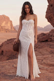 Lace Strapless Ivory Corset Engagement Dress with Slit