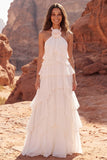 Halter Ruffled Ivory A Line Engagement Dress