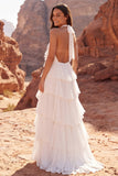 Halter Ruffled Ivory A Line Engagement Dress