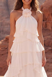 Halter Ruffled Ivory A Line Engagement Dress