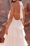 Halter Ruffled Ivory A Line Engagement Dress