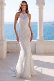 Halter Ivory Ruched Sequin Mermaid Wedding Dress with Pearls