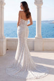 Halter Ivory Ruched Sequin Mermaid Wedding Dress with Pearls