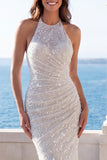 Halter Ivory Ruched Sequin Mermaid Wedding Dress with Pearls