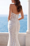 Halter Ivory Ruched Sequin Mermaid Wedding Dress with Pearls