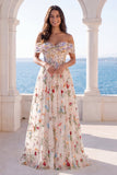 Off the Shoulder Ivory Floral Embroidered Corset A Line Wedding Dress