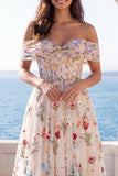 Off the Shoulder Ivory Floral Embroidered Corset A Line Wedding Dress