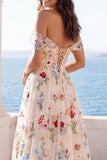 Off the Shoulder Ivory Floral Embroidered Corset A Line Wedding Dress