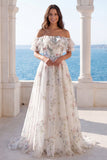 Off the Shoulder Ivory Floral Printed A Line Ruffled Wedding Dress