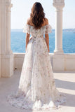Off the Shoulder Ivory Floral Printed A Line Ruffled Wedding Dress