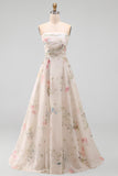 Floral Printed A Line Ivory Strapless Wedding Dress