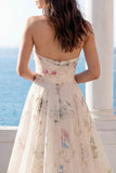 Floral Printed A Line Ivory Strapless Wedding Dress