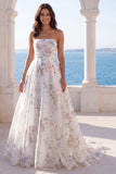 Floral Printed A Line Ivory Strapless Wedding Dress