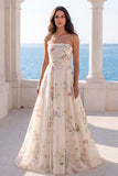 Floral Printed A Line Ivory Strapless Wedding Dress