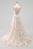 Floral Printed A Line Ivory Strapless Wedding Dress