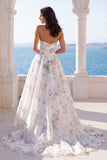 Floral Printed A Line Ivory Strapless Wedding Dress