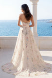 Floral Printed A Line Ivory Strapless Wedding Dress